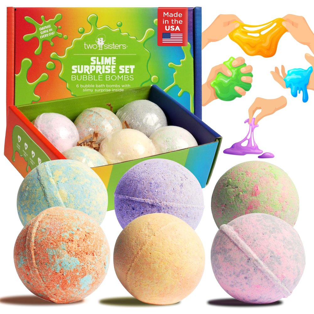 Bubble Bombs for Kids with Surprise Bath Slime Inside (6 Pack) - Colorful Sensory Toys Inside for Boys & Girls  Fizzes, Foams & Bubbles, Fruity Scents, Made in USA by Two Sisters