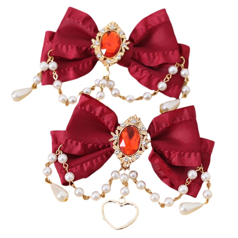 TTYAO REII Hair Bow Clips for Women 2Pcs Yarn Bowknot Duckbill Clip with Pearl Tassels Hair Accessories for Girls Birthday Gifts (Wine Red)