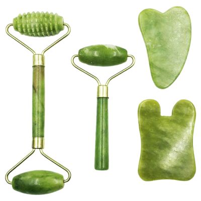 Bibabala 4-PCS Face Roller and Gua Sha Set, Skin Care Roller, Jade Roller Set, Face Stone Facial Roller Massage Tool for Face Eyes Neck Body, Smooth Wrinkles & Eye Puffiness(Green)