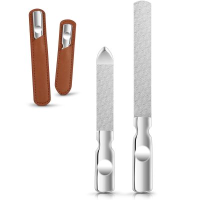2 Pcs Metal Nail Files: Stainless Steel Fingernail with Anti-Slip Handle and Leather Case Double Sided - Reusable Nail File for Men and Women