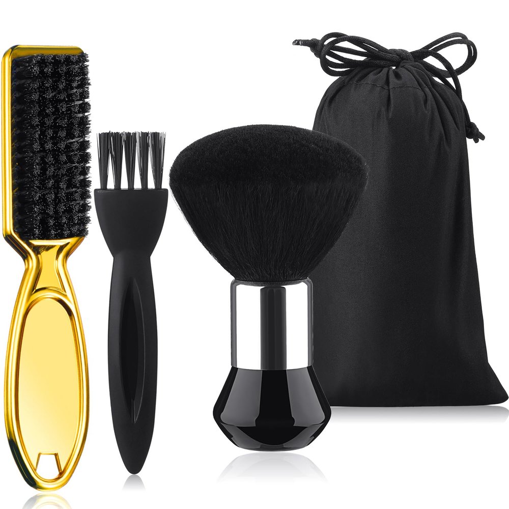 Patelai 3 Pieces Neck Duster Brush Barber Hair Blade Clipper Soft Nylon Trimmer Shaver Razor Cleaning with Storage Bag for Hair Styling(Gold)