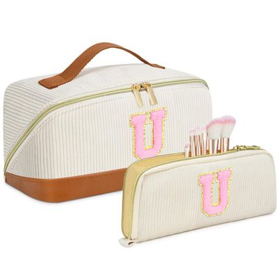 2pack Personalized Initial Travel Makeup Bag,Leather Waterproof Large Capacity Cosmetic Bags,Monogram Open Flat Toiletry Bag Make up Organizer Perfect for Women,Teen Girls,Birthday Gifts(Brown U)
