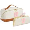 2pack Personalized Initial Travel Makeup Bag,Leather Waterproof Large Capacity Cosmetic Bags,Monogram Open Flat Toiletry Bag Make up Organizer Perfect for Women,Teen Girls,Birthday Gifts(Brown U) view 1