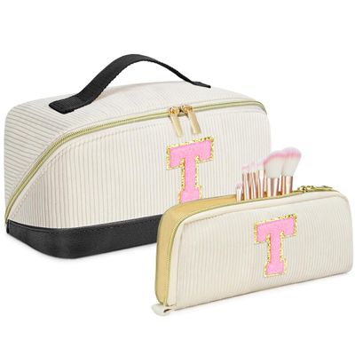 2pack Personalized Initial Travel Makeup Bag,Leather Waterproof Large Capacity Cosmetic Bags,Monogram Open Flat Toiletry Bag Make up Organizer Perfect for Women,Teen Girls,Birthday Gifts(Black T)