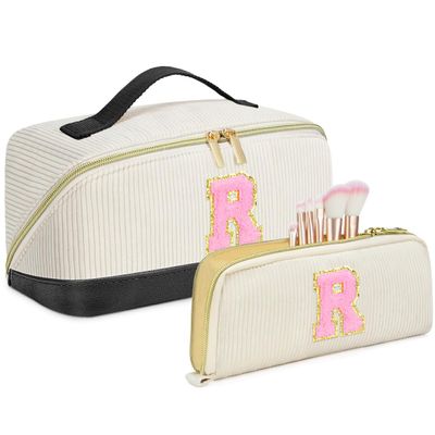 2pack Personalized Initial Travel Makeup Bag,Leather Waterproof Large Capacity Cosmetic Bags,Monogram Open Flat Toiletry Bag Make up Organizer Perfect for Women,Teen Girls,Birthday Gifts(Black R)