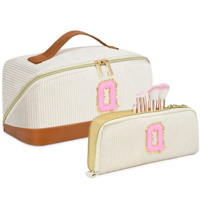2pack Personalized Initial Travel Makeup Bag,Leather Waterproof Large Capacity Cosmetic Bags,Monogram Open Flat Toiletry Bag Make up Organizer Perfect for Women,Teen Girls,Birthday Gifts(Brown Q)