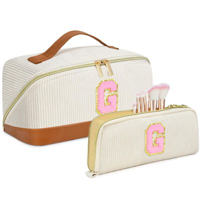 2pack Personalized Initial Travel Makeup Bag,Leather Waterproof Large Capacity Cosmetic Bags,Monogram Open Flat Toiletry Bag Make up Organizer Perfect for Women,Teen Girls,Birthday Gifts(Brown G)