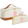 2pack Personalized Initial Travel Makeup Bag,Leather Waterproof Large Capacity Cosmetic Bags,Monogram Open Flat Toiletry Bag Make up Organizer Perfect for Women,Teen Girls,Birthday Gifts(Brown G) view 1