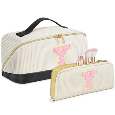 2pack Personalized Initial Travel Makeup Bag,Leather Waterproof Large Capacity Cosmetic Bags,Monogram Open Flat Toiletry Bag Make up Organizer Perfect for Women,Teen Girls,Birthday Gifts(Black Y)