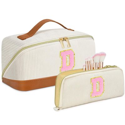 2pack Personalized Initial Travel Makeup Bag,Leather Waterproof Large Capacity Cosmetic Bags,Monogram Open Flat Toiletry Bag Make up Organizer Perfect for Women,Teen Girls,Birthday Gifts(Brown D)