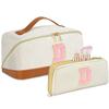 2pack Personalized Initial Travel Makeup Bag,Leather Waterproof Large Capacity Cosmetic Bags,Monogram Open Flat Toiletry Bag Make up Organizer Perfect for Women,Teen Girls,Birthday Gifts(Brown D) view 1