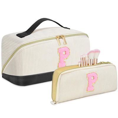 2pack Personalized Initial Travel Makeup Bag,Leather Waterproof Large Capacity Cosmetic Bags,Monogram Open Flat Toiletry Bag Make up Organizer Perfect for Women,Teen Girls,Birthday Gifts(Black P)