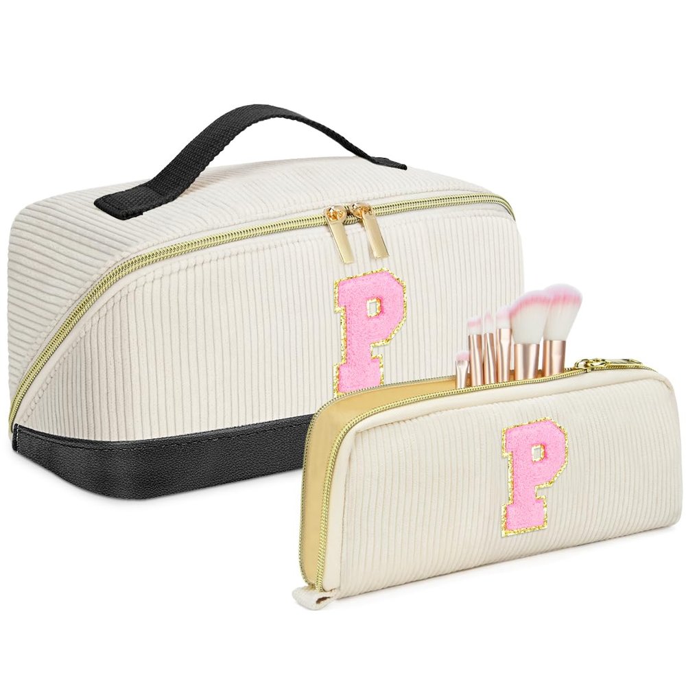 2pack Personalized Initial Travel Makeup Bag,Leather Waterproof Large Capacity Cosmetic Bags,Monogram Open Flat Toiletry Bag Make up Organizer Perfect for Women,Teen Girls,Birthday Gifts(Black P)