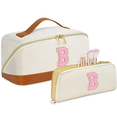 2pack Personalized Initial Travel Makeup Bag,Leather Waterproof Large Capacity Cosmetic Bags,Monogram Open Flat Toiletry Bag Make up Organizer Perfect for Women,Teen Girls,Birthday Gifts(Brown B)