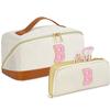 2pack Personalized Initial Travel Makeup Bag,Leather Waterproof Large Capacity Cosmetic Bags,Monogram Open Flat Toiletry Bag Make up Organizer Perfect for Women,Teen Girls,Birthday Gifts(Brown B) view 1
