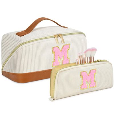 2pack Personalized Initial Travel Makeup Bag,Leather Waterproof Large Capacity Cosmetic Bags,Monogram Open Flat Toiletry Bag Make up Organizer Perfect for Women,Teen Girls,Birthday Gifts(Brown M)