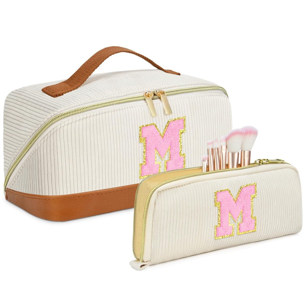 2pack Personalized Initial Travel Makeup Bag,Leather Waterproof Large Capacity Cosmetic Bags,Monogram Open Flat Toiletry Bag Make up Organizer Perfect for Women,Teen Girls,Birthday Gifts(Brown M)