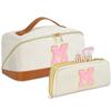 2pack Personalized Initial Travel Makeup Bag,Leather Waterproof Large Capacity Cosmetic Bags,Monogram Open Flat Toiletry Bag Make up Organizer Perfect for Women,Teen Girls,Birthday Gifts(Brown M) view 1