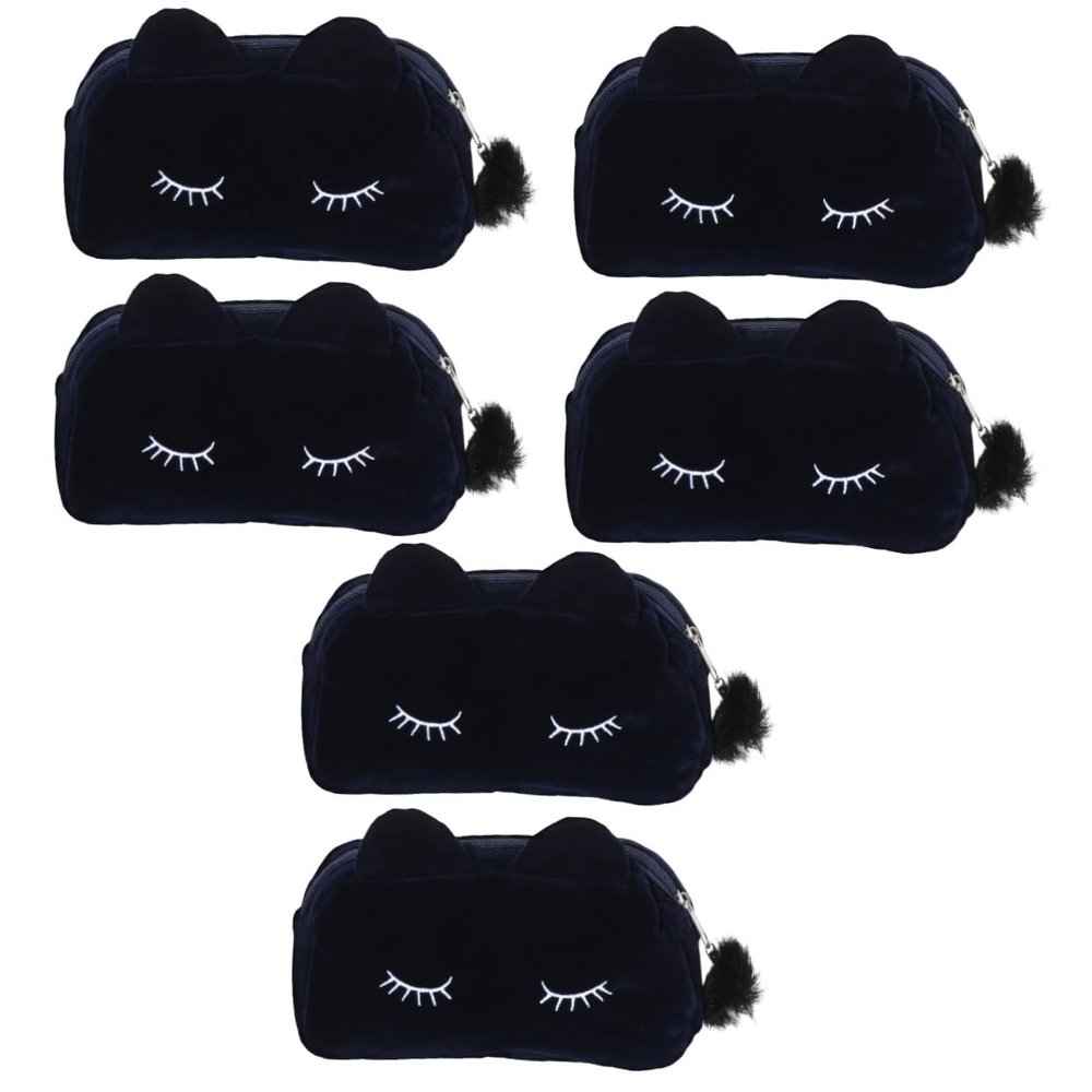 4 pcs Design Pen Plush Capacity Lovely Adorable Wash Pencil Case Makeup Cosmetic Flocking Large Cat, Navyx3pcs, 19X12CMx3pcs