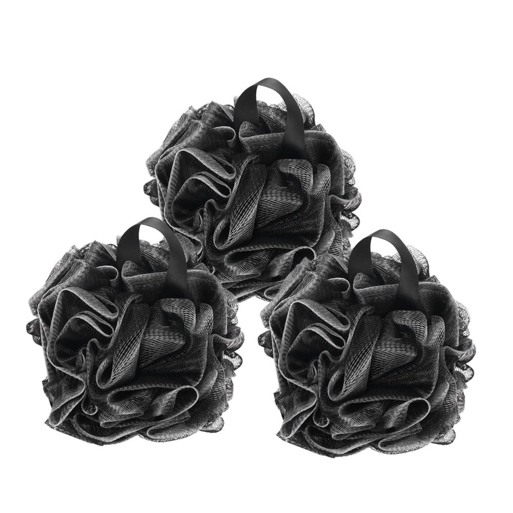 Angoily 3pcs Soft Mesh Bath Sponge Exfoliating Shower Pouf Body Scrubber for Gentle Skin Care Black Color for All Skin Types and Spa Experience