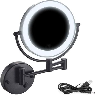 RomildaYuan 8 inches Wall Mounted Makeup Mirror Black, Double Sided 1X/5x Magnifying Vanity Mirror 360 Swivel Extendable for Bathroom, USB Rechargeable (Size : 5X)