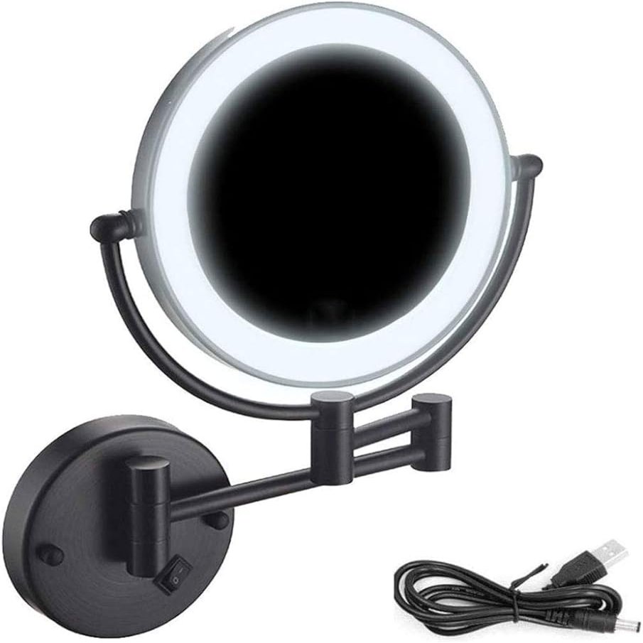 RomildaYuan 8 inches Wall Mounted Makeup Mirror Black, Double Sided 1X/5x Magnifying Vanity Mirror 360 Swivel Extendable for Bathroom, USB Rechargeable (Size : 5X)
