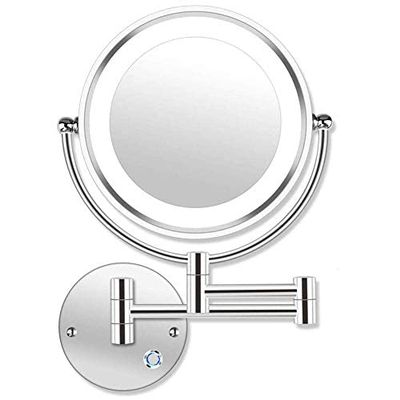 FJYDM LED Bathroom Shaving Mirror Wall Mounted 10x Magnification Double Sided Swivel Wall Mount Vanity Mirror, 13.7" Extension, Touch Button Adjustable Light, Chrome UK Plug