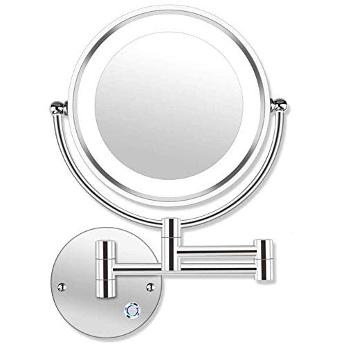 FJYDM LED Bathroom Shaving Mirror Wall Mounted 10x Magnification Double Sided Swivel Wall Mount Vanity Mirror, 13.7" Extension, Touch Button Adjustable Light, Chrome UK Plug