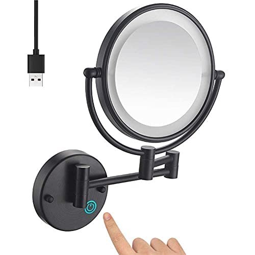 FJYDM 8 Inch Bathroom Mirror Wall Mounted Black, USB Rechargeable Makeup Mirror Two Sided 1X/10X Magnifying Adjustable LED Light Touch Sn Shaving Mirror 360 Swivel Vanity Mirror
