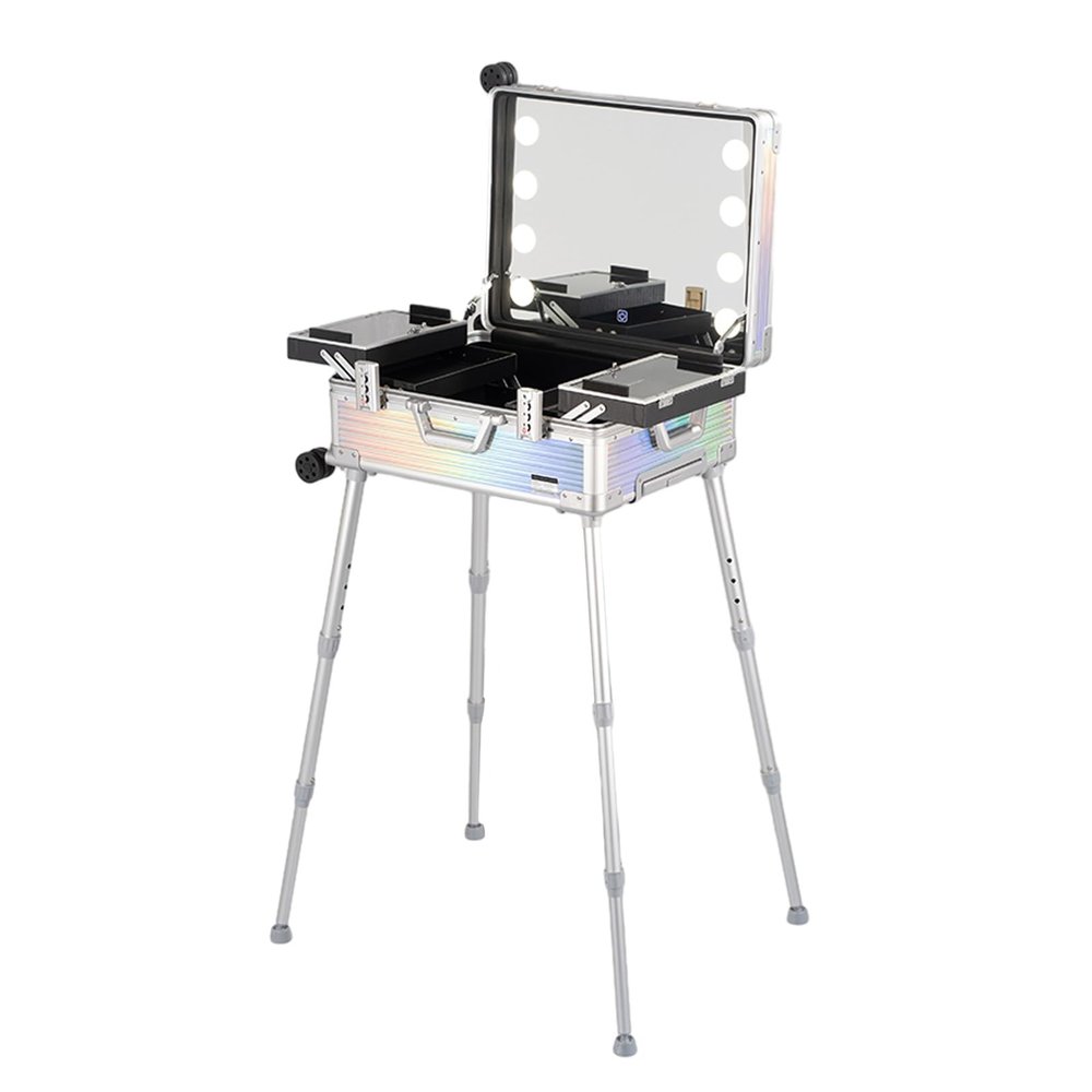 Large Makeup Train Case With Mirror And Lights, Professional Artist Cosmetic Travel Organizer Box Aluminum Makeup Case Salon Station With Stand Rolling Lighted Makeup Vanity Station (Silvery) ( Color