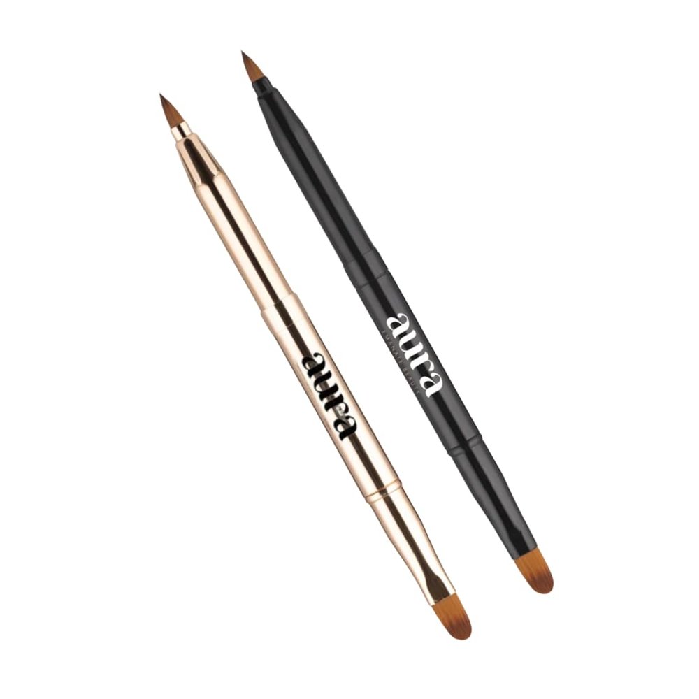 Aura Retractable Brush for application on lips or eyes. Liner Brush, Lip Gloss, Eyeshadow Concealer Brush. 2 Pieces Double-ended Lip Applicator with Cap, (Black/Gold)