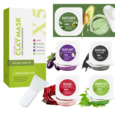 10 Pods Clay Facial Mask Set - Rose, Green Tea, Eggplant, Avocado, Dead Sea Mud, Mud Mask Deep Pore Cleansing Acne Blackhead Removal Men & Women Face Mask Skin Care,Two To Three Times A Week.