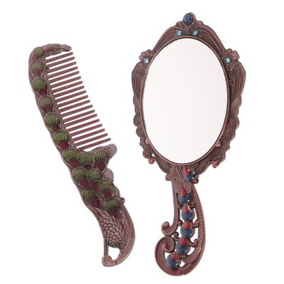 Housoutil 1set Vintage Makeup Mirror and Hairdressing Comb Set Retro Handheld Cosmetic Mirror for Travel and Daily Use Compact Design for Women and Girls