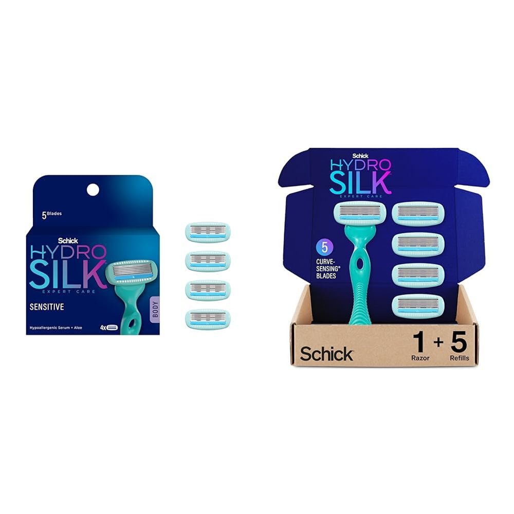 Schick Hydro Silk Moisturizing Razor Blade Refills for Women with Shower Hanger, 4 Count & Sensitive Skin Razor for Women With 5 Moisturizing Razor Blade Refills