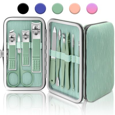 BLESWIN 10-Piece Nail Clipper Manicure Set, Professional Small Nail Care Kit , Nail Clipper Set for Women Men, Ladies Compact Manicure Tools in Case Green Leather Nail Care Gift Set.