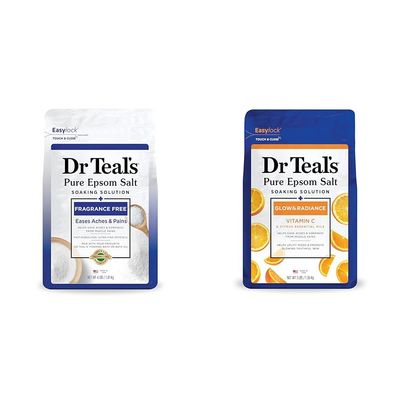 Dr Teal's Pure Epsom Salt Soak, Fragrance Free, 4 lbs & Pure Epsom Salt Soak, Glow & Radiance with Vitamin C & Citrus Essential Oils, 3 lbs