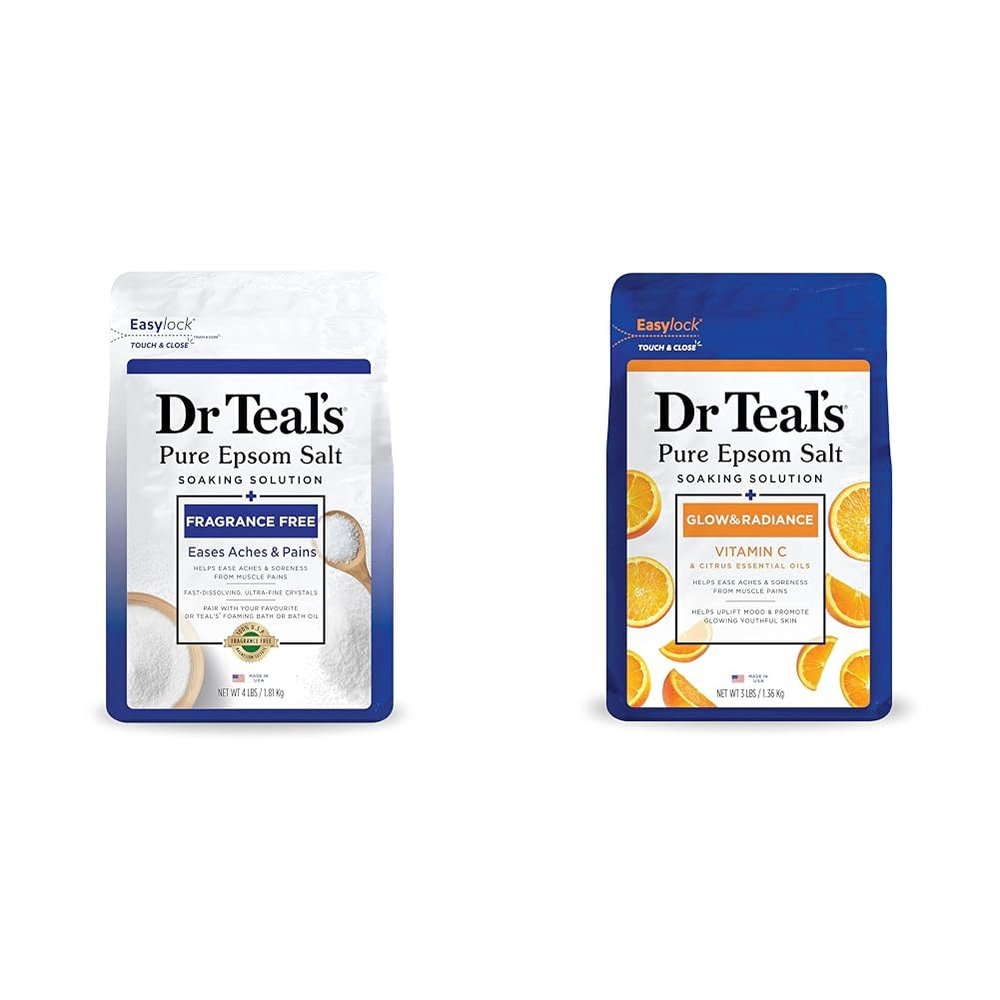 Dr Teal's Pure Epsom Salt Soak, Fragrance Free, 4 lbs & Pure Epsom Salt Soak, Glow & Radiance with Vitamin C & Citrus Essential Oils, 3 lbs