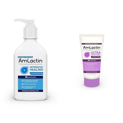 AmLactin Intensive Healing Body Lotion for Dry Skin  7.9 oz Pump Bottle & Ultra Smoothing-4.9 oz Body & Hand Cream with 15% Lactic Acid-Exfoliator and Moisturizer for Rough and Bumpy Dry Skin