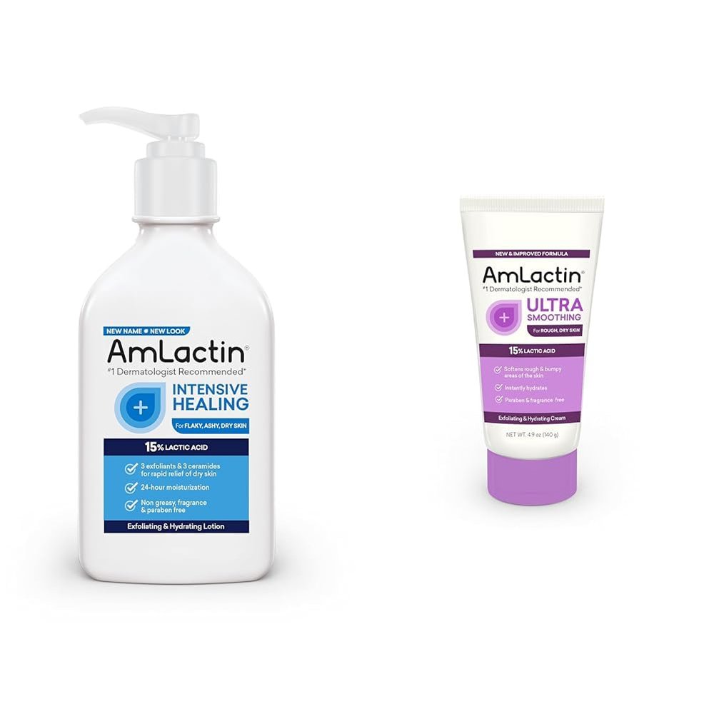 AmLactin Intensive Healing Body Lotion for Dry Skin  7.9 oz Pump Bottle & Ultra Smoothing-4.9 oz Body & Hand Cream with 15% Lactic Acid-Exfoliator and Moisturizer for Rough and Bumpy Dry Skin