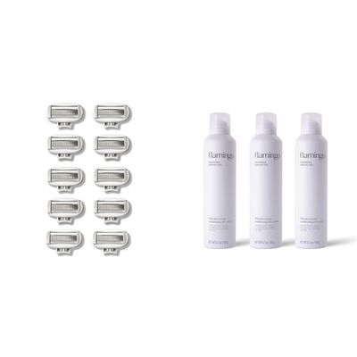 FLAMINGO Women's Razor 5-Blade Refills - Razors for Women - 10ct & Women's Foaming Shaving Gel with Aloe Vera, 6.7oz - 3ct