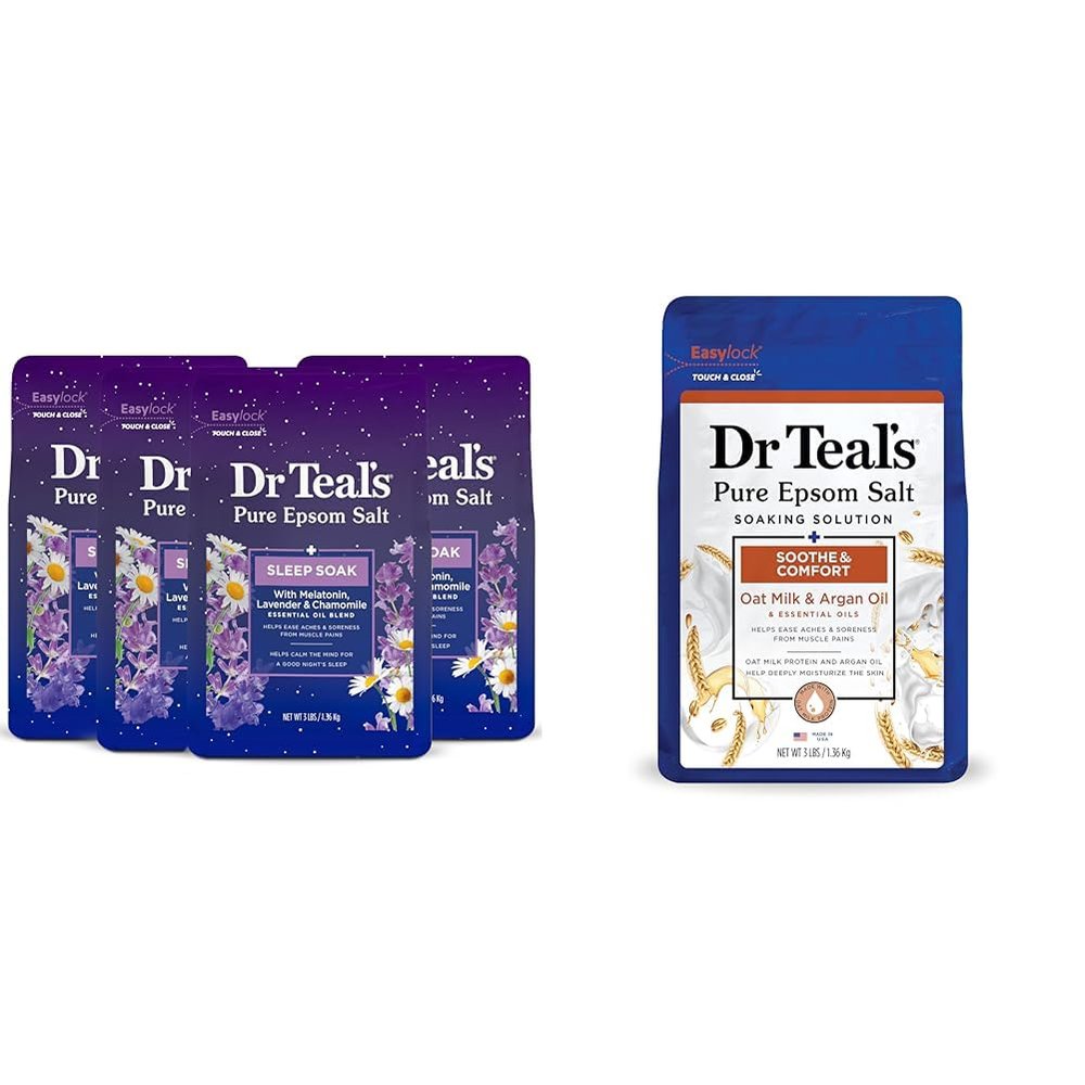 Dr Teal's Pure Epsom Salt Soak, Sleep Blend with Melatonin, Lavender & Chamomile Essential Oils, 3 lbs & Pure Epsom Salt, Soothe & Comfort with Oat Milk & Argan Oil, 3lbs