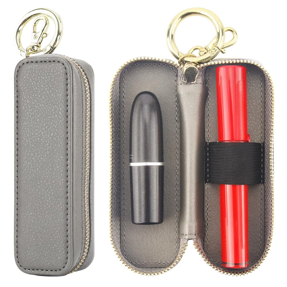 Bocasal Leather Lipstick Case Holder Chapstick Keychain Pouch, Zipper Lip Balm Lip Gloss Bag for Purse with Key Chain Elastic Band, Makeup Travel Organizer, Cosmetic Storage Kit for Women Girls (Grey)