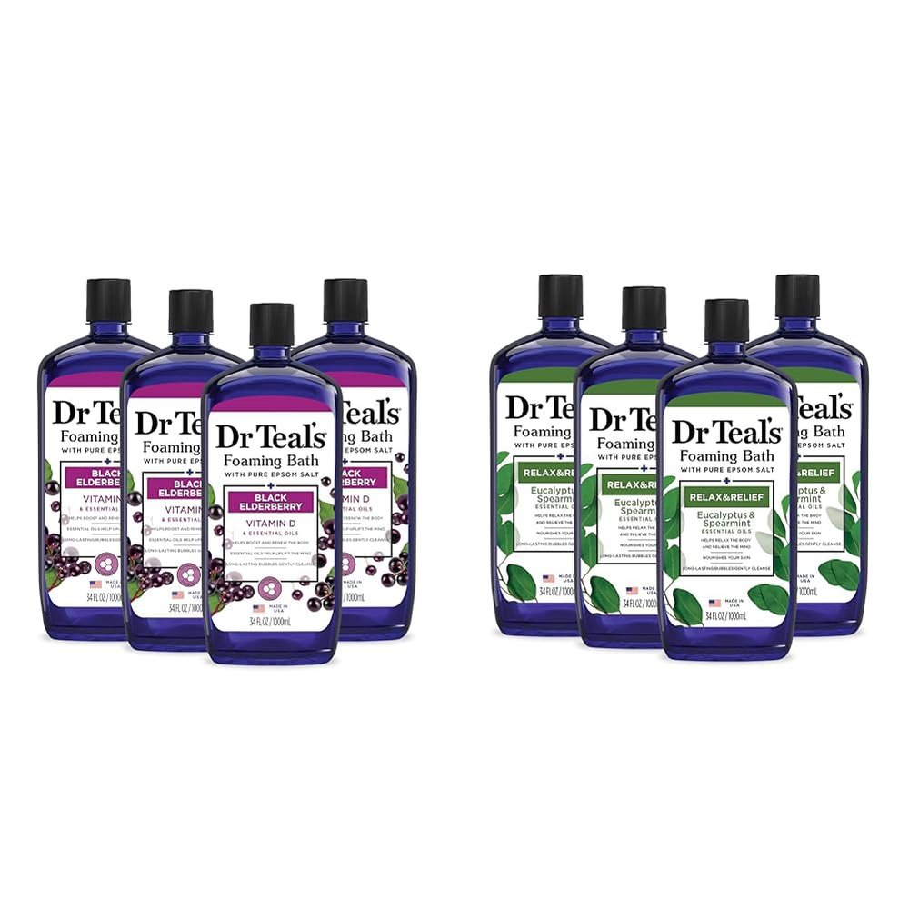 Dr Teal's Foaming Bath with Pure Epsom Salt, Black Elderberry with Vitamin D, 34 fl oz & Foaming Bath with Pure Epsom Salt, Relax & Relief with Eucalyptus & Spearmint, 34 fl oz