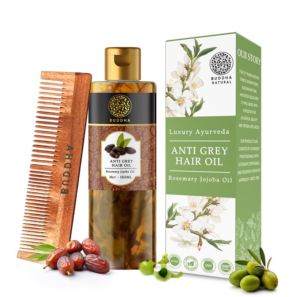 BUDDHA NATURAL Hair Oil for Grey With Dual Tooth Kacchi Neem Comb