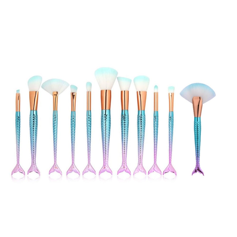 zonee 10 Mermaid Makeup Brush Set, Beauty Tools, Makeup Brush Combo with Small Fish