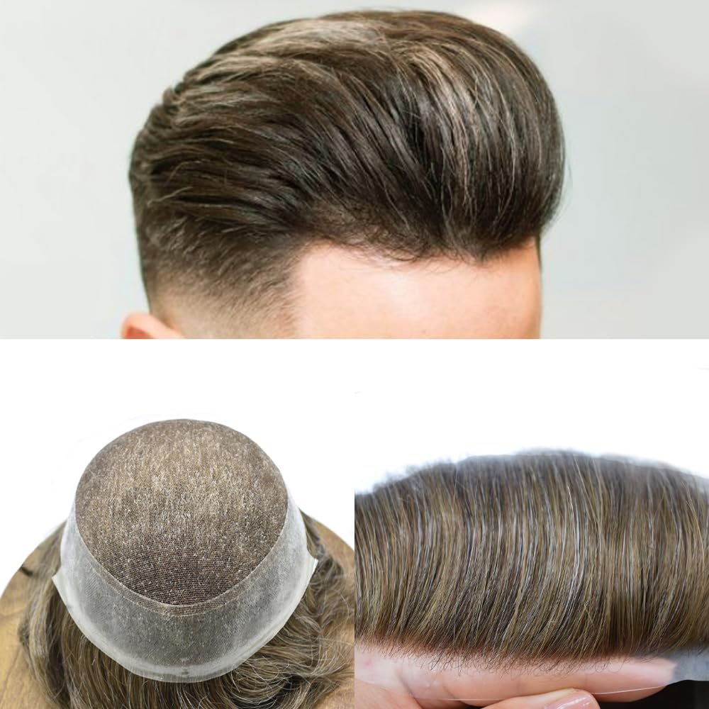 Healthlif Toupee for Men Real Human Hair Swiss Lace Center Natural Hairline Hair Pieces For Men Thin Skin PU V-looped Men's Hair Replacement System8 x10#540#5 MEDIUM LIGHT BROWN+40% GREY 120% density
