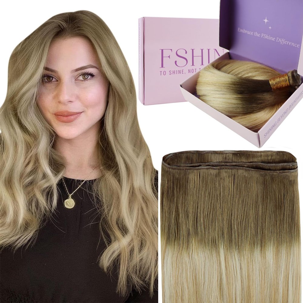 Fshine Genius Weft Hair Extensions Human Hair, Volume Genius Weft 60 g 20 Inch, Color 6/27/60 Chestnut Brown to Honey Blonde Mix Platinum Blonde, Smooth and Full Texture Ideal for Bridal Hairstyles