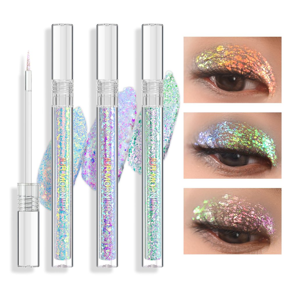 JUR MORNIER Multichrome Liquid Eyeshadow Set,3 Colors Multi-Dimensional Eye Liner Makeup,High Pigment Waterproof Metallic Eye Shadow,Ultre Fine Tip Glitter Eyeshadow (A01+A02+A03)