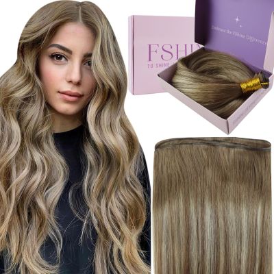 Fshine Sew in Hair Extensions Real Human Hair, Color Light Brown Mix Platinum Blonde Genius Weft 18 Inch 50 g, Natural Look Effortless Styling for Everyday and Party Occasions
