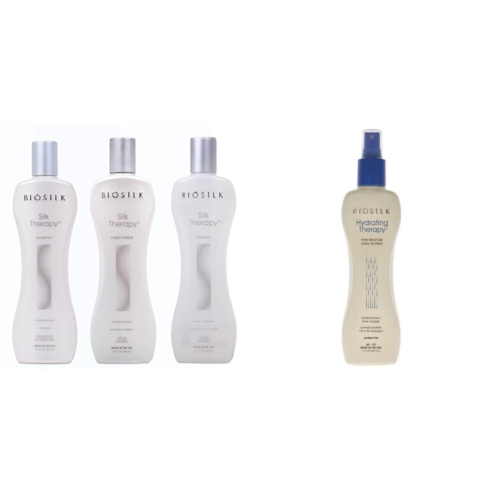 Biosilk Silk Therapy 3-Piece Kit: Shampoo, Conditioner, Serum & Hydrating Leave-In Spray | 7 Oz | Replenishes Moisture & Anti-Frizz for Coarse Hair